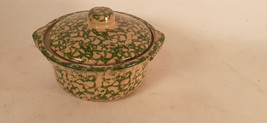 Vintage R.R.P. Roseville Covered Bowl, Green Spongeware Glaze, Nice - $26.77