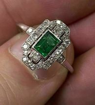 Engagement Wedding Antique Ring 2.8 Ct Simulated Emerald 925 Silver Gold Plated - £89.95 GBP