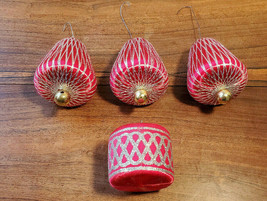 Vintage Unbreakable Ornaments Christmas Red Satin-Sheen 1 Drum &amp; 3 Bells - £9.43 GBP