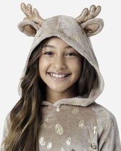 Justice Girls Small 7-8 Two Piece Hooded Reindeer Pajamas PJ&#39;s Winter Taupe New - £25.02 GBP