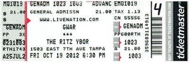 GWAR Concert Ticket Stub October 19 2012 Ybor City Tampa Florida - £11.64 GBP