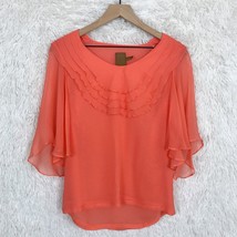 Ali Ro Silk Chiffon Ruffle Blouse Orange 3/4 Flutter Sleeves Sheer Womens 0 XS - £14.01 GBP
