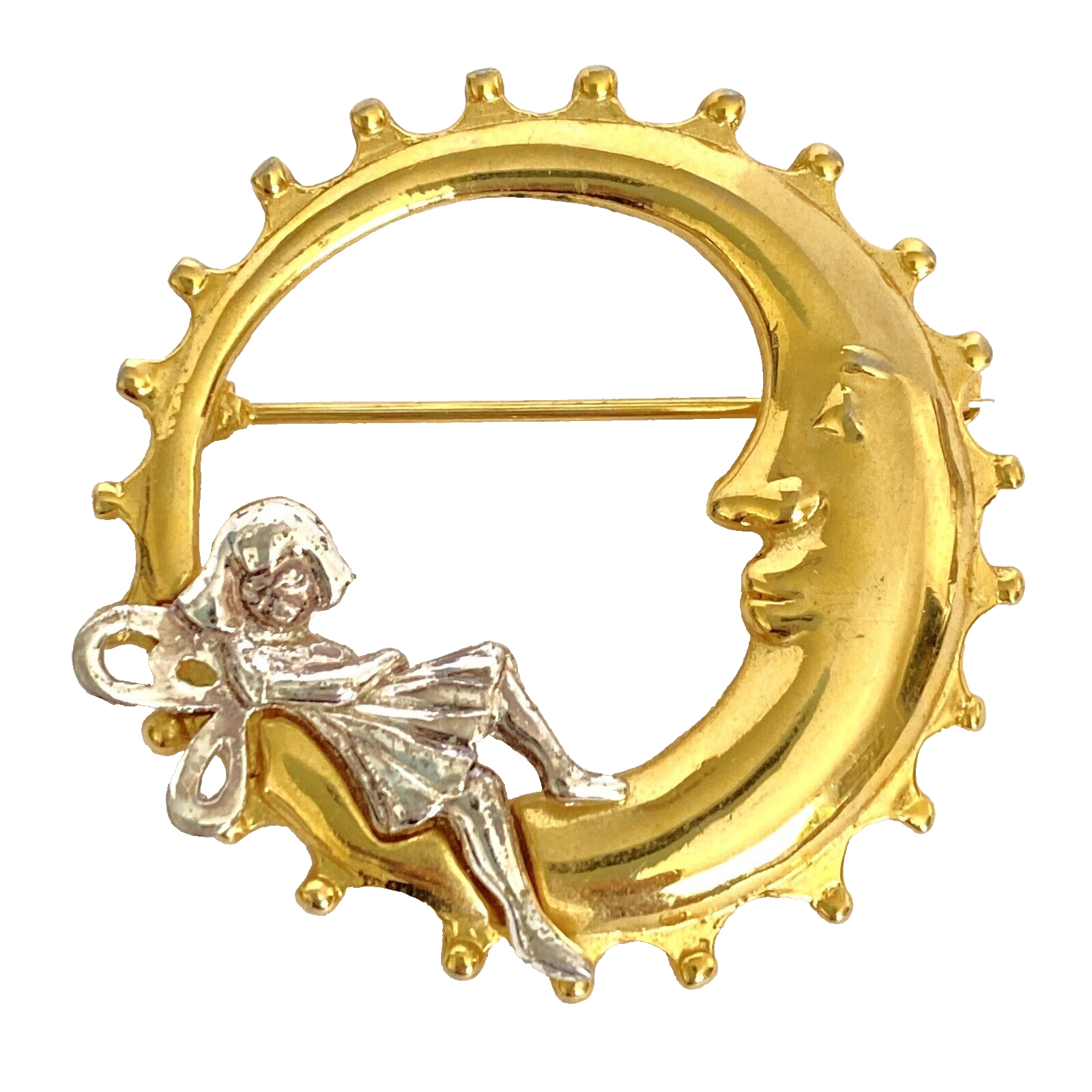 Primary image for Danecraft Fairy in Moon Brooch Pin Dual Tone Silver Gold Luna Face Vtg 1.75in