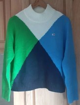Women&#39;s Tommy Hilfiger Sweater Large Blue Green White Diamond Pattern BX - £15.79 GBP