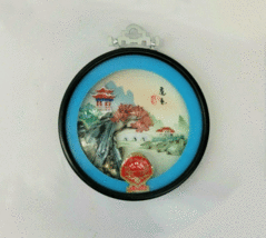 Asian Pagoda Carved Sea Shell Wall Hanging Round Blue Black Glass Frame Vintage  - £12.04 GBP