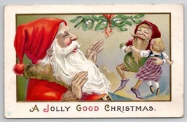 Jolly Christmas Santa Claus And Elf Dancing With Doll c1914 Emb Postcard Q30 - $29.95