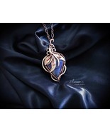Fantasy copper leaves pendant with Lapis lazuli, Art nouveau style - $132.00