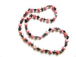 Hematite &amp; Pink Marbled Glass Bead Necklace 20.5 Inches Vintage Retro - $12.00