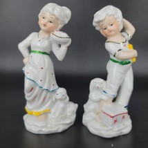 Porcelain Figurines 6&quot; Boy And Girl With Puppies  Japan Hand Painted Vin... - £7.59 GBP
