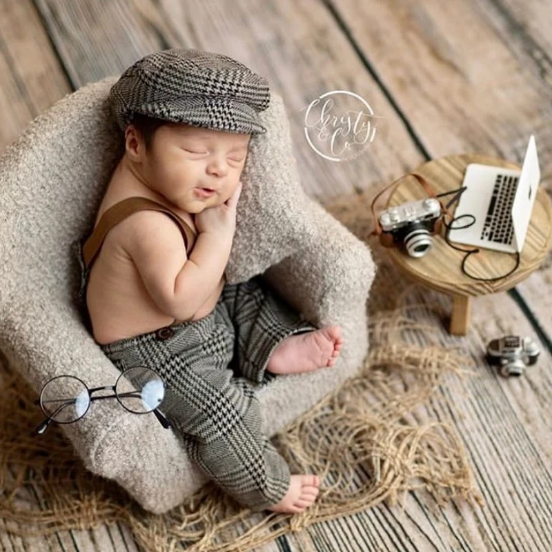 Play Newborn Clothes Boy Romper Hat Suits Set with Suspenders Baby Photography P - £23.32 GBP