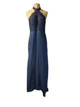 Chong Xiao Formal Halter Neck Lace Sheer Train Sequins Dress Gown Navy - $39.59