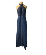 Chong Xiao Formal Halter Neck Lace Sheer Train Sequins Dress Gown Navy - £31.72 GBP