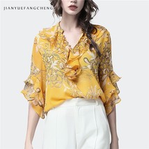 Women   Chiffon Ruffle Blouse  Buttons V-Neck  Sleeve Top Fashion 2019 New Plus  - £192.68 GBP