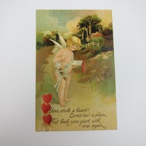 Postcard Valentine Cherub Angel Cupid Meadow House Trees Red Hearts Anti... - $9.99