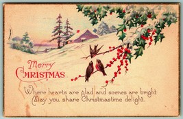 Merry Christmas Cabin Scene Holly Sparrows Poem 1925 DB Postcard I7 - £5.88 GBP