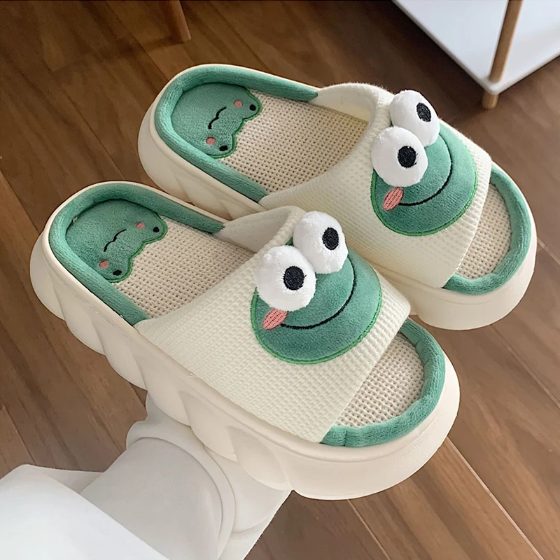 Couple Linen Slippers Cute Cartoon Frog Home Slippers Four Seasons Indoor Home - £16.93 GBP+
