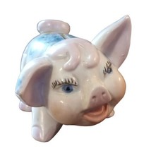 Vtg Rare Pink Piggy Bank Handpainted Blue Flowers Eyes Curly Tail HTF READ 5.5&quot; - £22.38 GBP