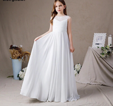Girls Lace Pleated Chiffon Dress First Communion Dress A Line Floor Length Gown - £95.22 GBP