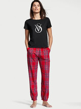 Victoria&#39;s Secret M FLANNEL jogger Tee-Jama PJ SET pants RED BLACK PLAID... - $59.39