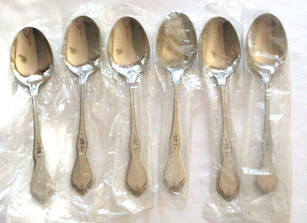 Set 6 Oval Soup Spoons Oneida MORNING BLOSSOM Stainless Steel BRAND NEW - £45.82 GBP