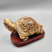 Crazy Lace Agate Turtle Figurine Stone Sculpture Wood Base Yellow Brown 500 Gram - £61.15 GBP