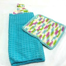Handmade Kitchen Towel and Dish Cloth Set Crochet Hanging Towel Aqua Teal - £17.35 GBP