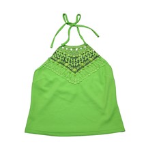 Michel Shirt Womens M Green Cropped Sleeveless Halter Neck Lace Tie Stretch - $19.68