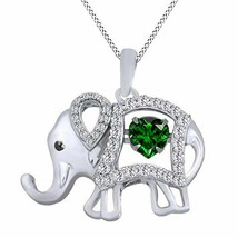 14 CT White Gold Plated Heart Emerald &amp; Diamond Elephant Pendant 18&quot; Chain - £85.45 GBP