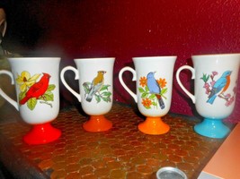 FRED ROBERTS Colorful Bird Pedestal Coffee Mug Cups Made In Japan Set Of 4 - $25.19
