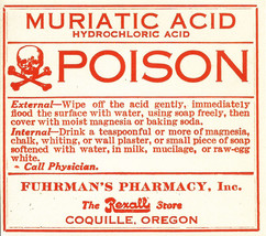 1 Vintage Pharmacy Label Muriatic Acid Poison Fuhrman&#39;s Rexall Pharmacy Coquille - £34.53 GBP