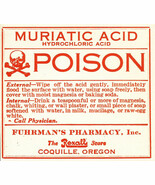 1 Vintage Pharmacy Label MURIATIC ACID POISON Fuhrman&#39;s Rexall Pharmacy ... - $63.79 CAD