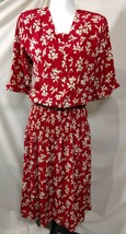 Vintage PERCEPTIONS Dress Red Floral Leaf Print Blouson Pullover Short Sleeves - £61.33 GBP