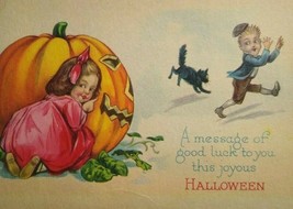 Halloween Postcard Pink Dress Girl And Boy Black Cat Stecher Unused 1290 Vintage - £29.96 GBP