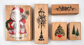 Christmas Santa Claus Trees Light Pole Rubber Ink Stamp Card Crafting Lot of 5  - £8.69 GBP