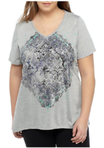  KIM ROGERS S/S V Neck  Soft Jersey Metallic  Graphic Tee Top 2X Heather Multi - £11.67 GBP