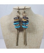Vintage Hippie Statement Earrings Blue Tan w/ Gold Tone 7 Inch Dangle Drop - $30.16 CAD