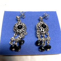 Avon &quot;Casual Silver Tone &amp; Jet Dangle&quot; Black Beads Pierced Earrings Vint... - £9.87 GBP