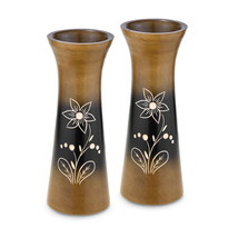 Rainforest Brown Hand Carved Lily Flower 8-inch Mango Tree Set of 2 Wood Vase - £12.62 GBP