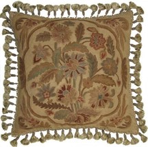 Hand-Embroidered Throw Pillow 22x22 Country Flowers Leaves Red,Green,Beige - £295.87 GBP