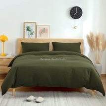 Olive Green Washed Cotton Bedding Set Olive Green Duvet Cover Queen Bedding Set  - £49.16 GBP+