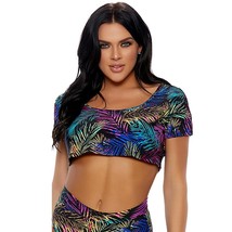 Tropical Palm Print Crop Top Cold Shoulder Sleeves Teardrop Cut Out 338551 XS/S - £23.73 GBP