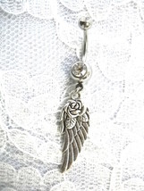 New Double Sided Angel Wing W Rose Flower Charm On 14G Clr Cz Belly Button Ring - £4.77 GBP