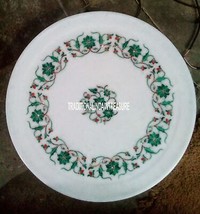 12&quot; Marble White Round Plate Real Malachite Stone Floral Work Inlay Mosaic Decor - $397.05