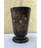 Antique Asian Lacquer Pedestal Cup Hand Painted Figures Boat Trees 3”H (58) - £15.50 GBP