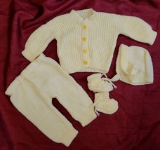 Vintage Handmade Baby Crochet/Knitted Yellow 4 Pc Sweater Booties Bonnet Layette - £40.98 GBP