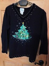 Quacker Factory Black Holiday V-Neck Tunic Sweater Lg Beads Sequin Xmas Tree Qvc - £27.93 GBP