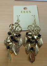 Odes Gold-tone &amp; Black Bead Dangle Leaves Hook Earrings 3.5" Long - $16.99