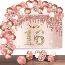 Rose Gold Sweet 16Th Birthday Banner Backdrop with Confetti Balloon Garl... - £22.98 GBP