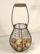 Vintage Wire Egg Basket Wooden Handle with 18 Wood Eggs Farmhouse Kitchen Decor - £70.38 GBP