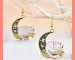 New Adorable Beautiful Sleeping Kitty ‍⬛ On The Moon  Enamel Earrings - $7.00